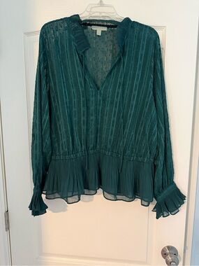 Pleated Peplum Blouse in Teal Green - Women's Long Sleeve